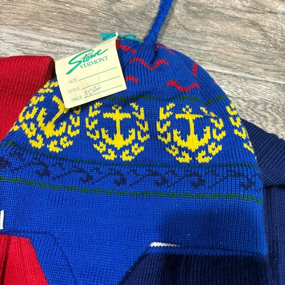 Vtg 100% Wool Handknit Scarf Hat Set Red Blue Nautical Tassel Fringe Vermont
